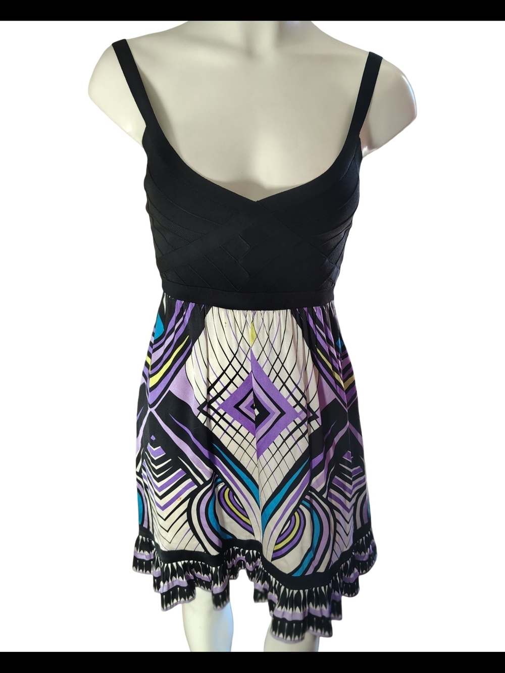 bebe Black & Purple Printed Empire Waist Dress